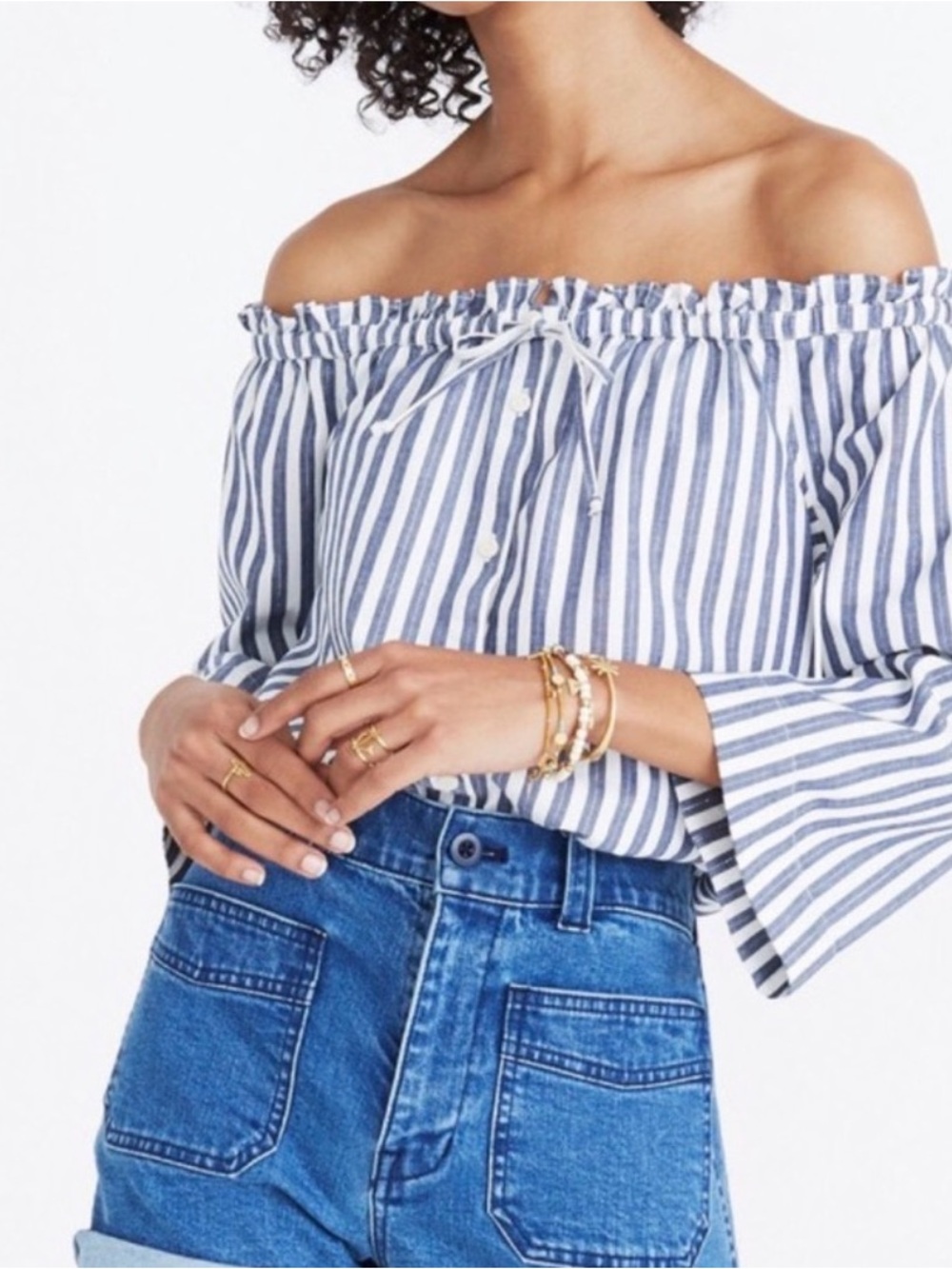 Madewell Shimmer Stripe Off-The-Shoulder Top Blue and White  L